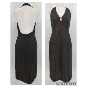 Vtg Y2K Glam Halter Dress 12 Midi Backless Gold Shimmer Black Clubwear Niteline